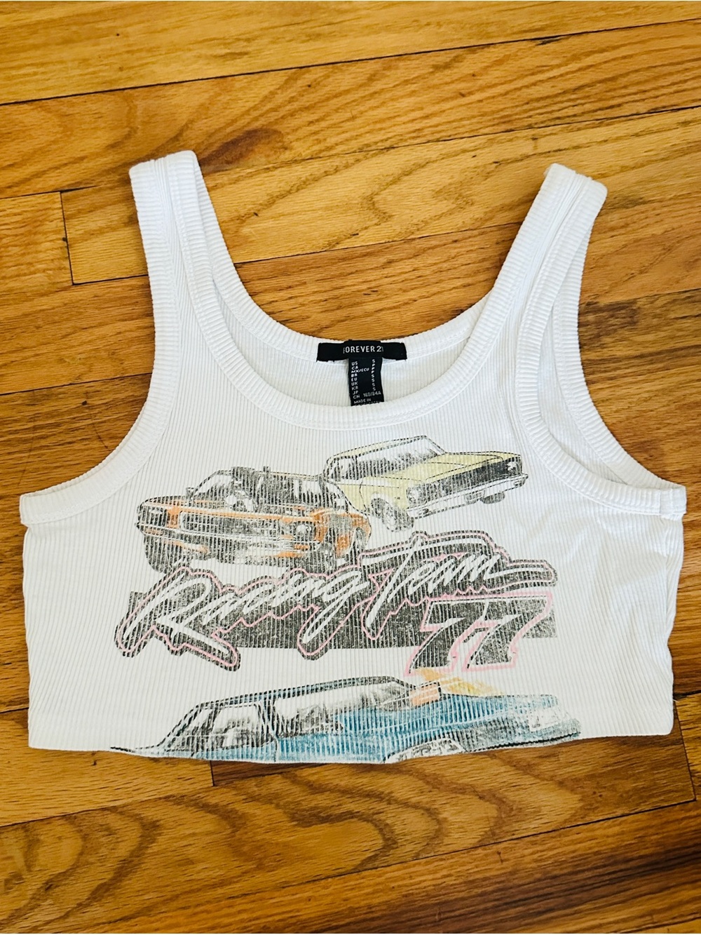 Forever 21 White Ribbed Racing Graphic Crop Tank Top